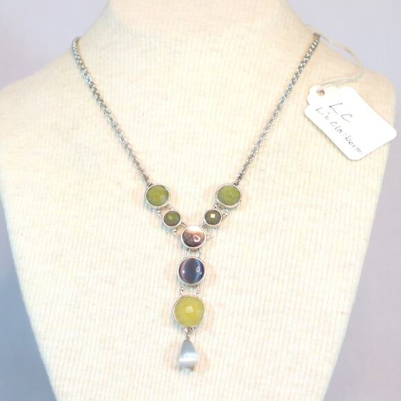 Liz Claiborne Y Pendant Necklace SIlver Tone Chain Faceted Pastel Crystal Stones - Picture 1 of 9